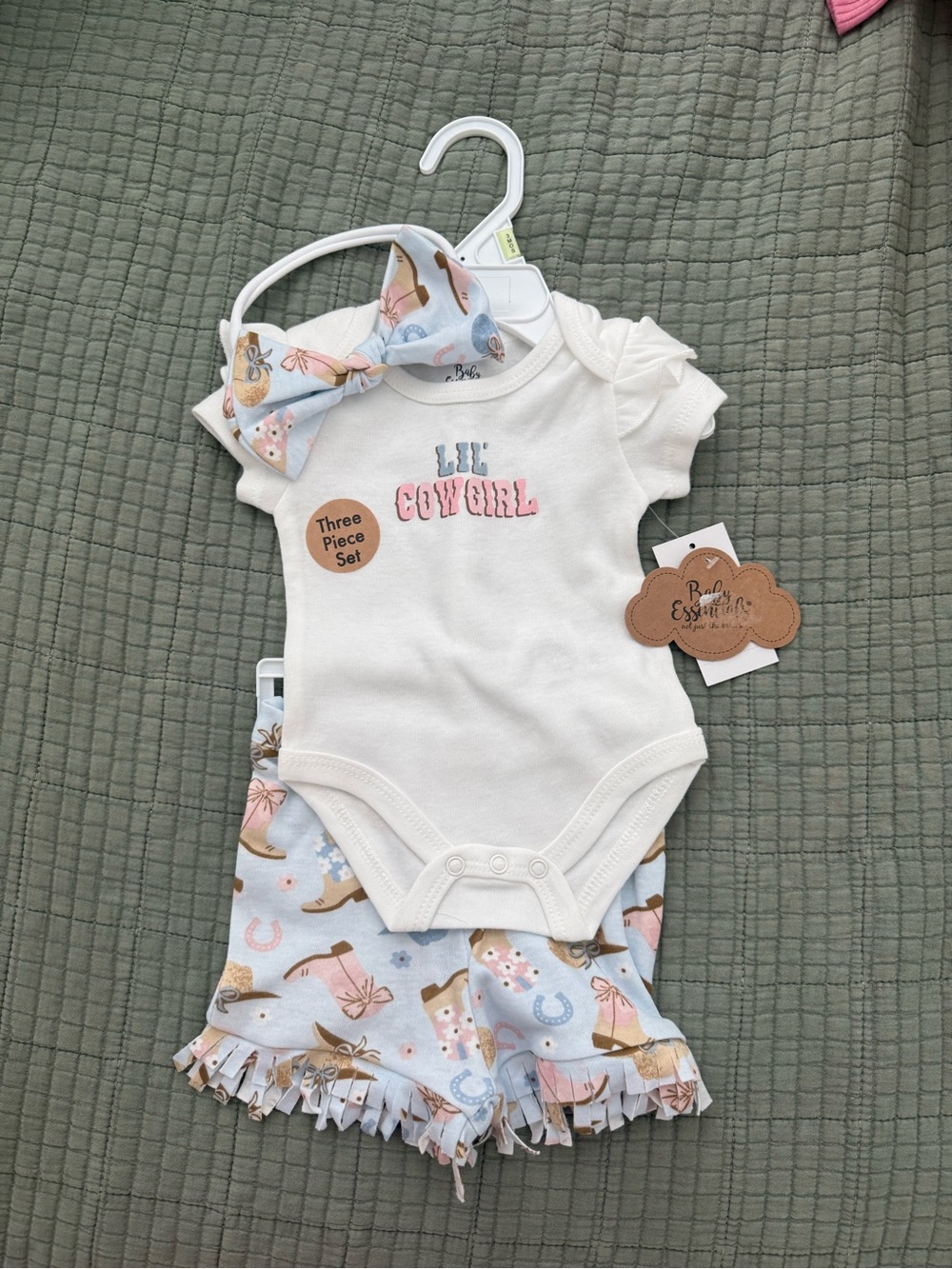 Baby Essentials White Bodysuit with Blue Cowboy Shorts & Bow